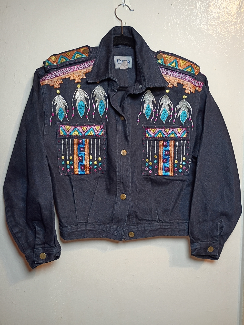VTG Black Art To Wear Denim Crop Jacket Western Tribal Aztecwith Multicolor Art
